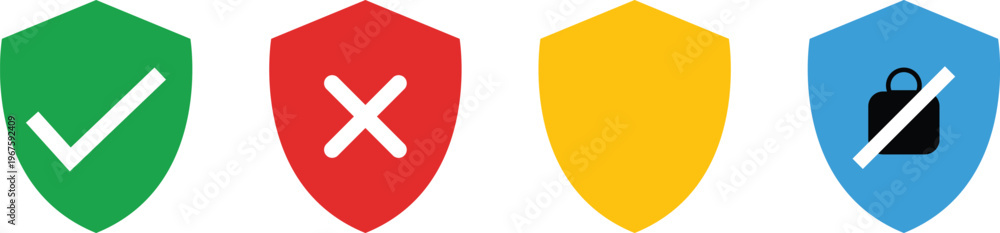 Fototapeta premium Colorful security shield icons set, flat vector protection symbols with checkmark and cross, safety and privacy insurance graphics for web design