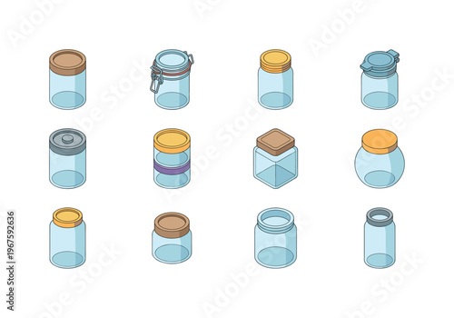 Collection of diverse glass storage containers with various lids and shapes