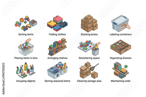 Visual guide to home organization and decluttering techniques for a tidy space