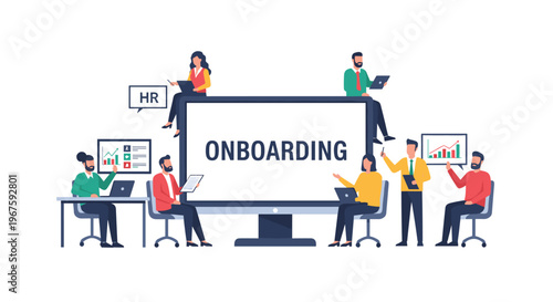 Eight diverse individuals interact around a large monitor displaying ONBOARDING with smaller screens and an HR bubble.