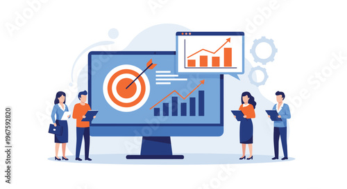 Four business people stand around a large computer monitor displaying a target and a bar graph on an abstract background.