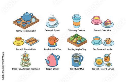 Collection of tea time illustrations showing various serving styles and accompaniments