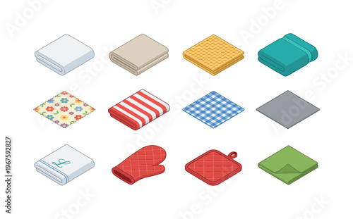 Collection of various textile items including towels, pot holders, and kitchen cloths