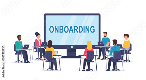Seven diverse individuals are seated at desks around a large monitor displaying ONBOARDING against a white background.