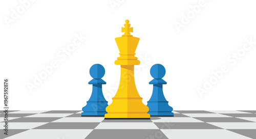A golden chess king stands between two blue pawns on a checkered board against a white background.