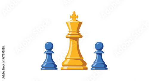 A prominent golden chess king stands centrally, flanked by two identical blue pawns, all rendered with clean lines on a plain white background.