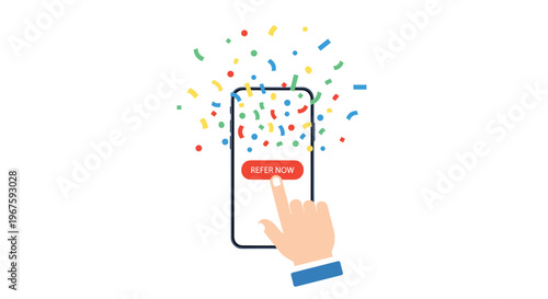 A cartoon hand points at a red REFER NOW button on a black smartphone's white screen, with colorful confetti bursting upwards on a plain white background.