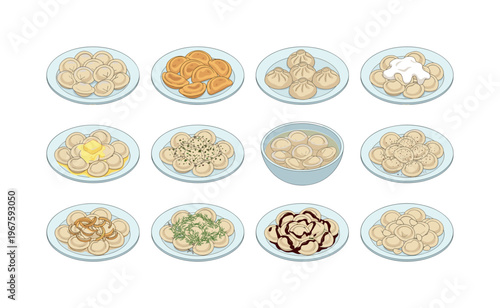 Collection of diverse dumplings and pelmeni dishes served on plates