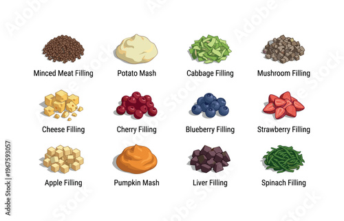 Collection of twelve diverse fillings for dumplings and pastries, from savory to sweet