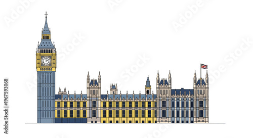 A detailed illustration of the Palace of Westminster and Big Ben features blue, yellow, and grey sections with a Union Jack flag.
