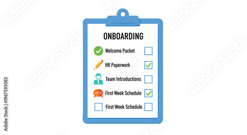 A blue clipboard holds a white paper with an ONBOARDING checklist containing five items, some checked.