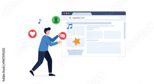 A man is walking while holding an email icon, surrounded by floating social media icons, in front of a web browser displaying search results.