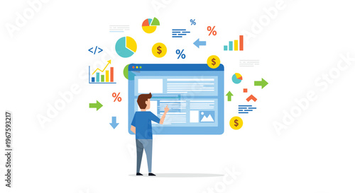 A man in a blue shirt is interacting with a large web browser interface surrounded by floating icons representing data analytics, money, and charts.