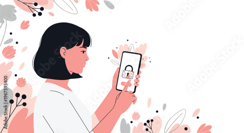 A woman holds a smartphone displaying a padlock icon amidst a decorative floral background.