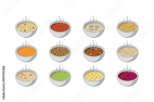 Collection of twelve steaming bowls of diverse soup varieties in isometric view