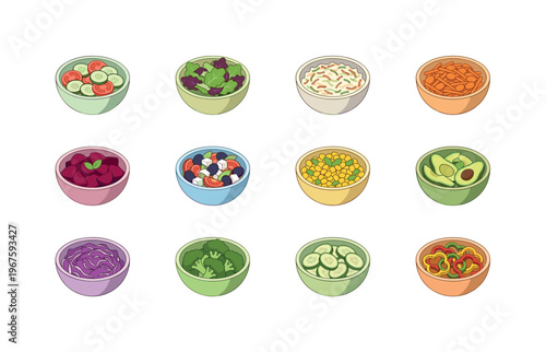 Collection of twelve colorful bowls filled with fresh and healthy salad ingredients