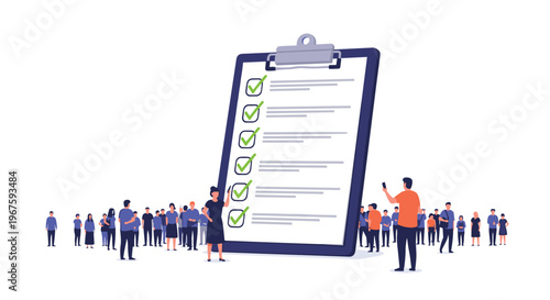 A giant clipboard with a checklist showing five green checkmarks is surrounded by a large crowd of diverse small people on a white background.