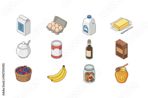 Collection of isometric food ingredients for baking and cooking