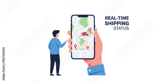 A man observes a hand holding a smartphone displaying a real-time shipping status map on a white background.