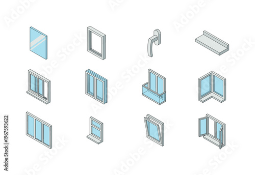 Collection of isometric window components and designs for architectural visualization