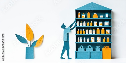 Papercraft illustration depicts person near shelves stocked with products. Plant visible beside figure. Minimalist style, bright colors present.