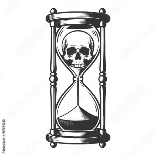 hourglass featuring a skull in the upper chamber, symbolizing time passing, mortality, and dark gothic themes sketch engraving generative ai vector illustration. Scratch board. Black and white image.