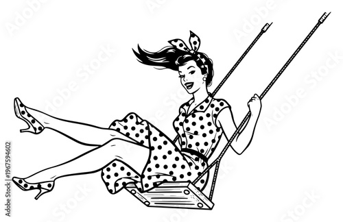 Pin Up Girl in Polka Dot Dress Riding a Swing Vintage Hand Drawn Retro Illustration for Fashion and Lifestyle Design