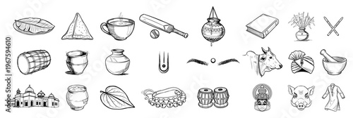 Indian Culture and Tradition Elements Icon Set Hand Drawn Sketches of Food Music Sports and Landmarks of India