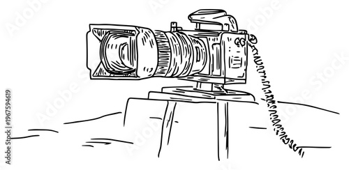 Professional Video Camera on Tripod Hand Drawn Sketch for Media and Television Production