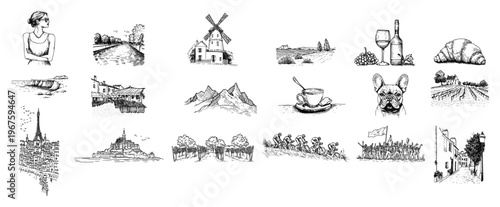 French Culture and Paris Landmarks Icon Set Hand Drawn Sketches for Travel and Tourism Design