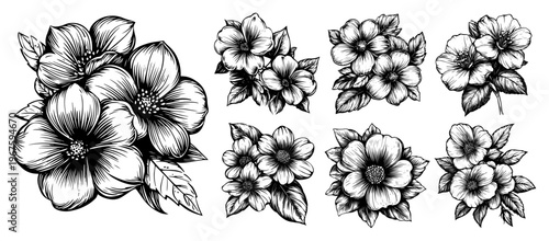 Floral Bouquet Collection Hand Drawn Vintage Style Flowers with Detailed Shading for Wedding and Greeting Card Design