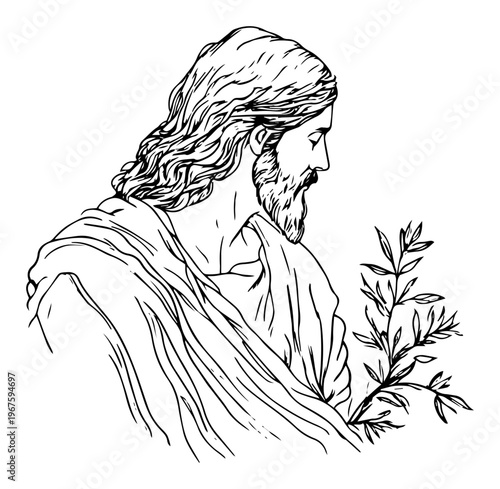 Jesus Christ Portrait with Olive Branch Hand Drawn Minimalist Line Art for Easter and Christian Faith