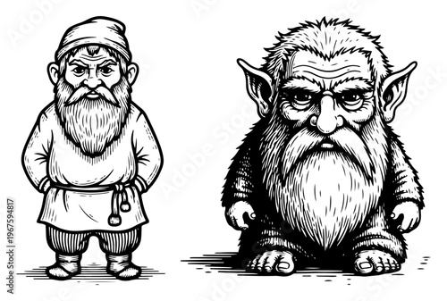 Fantasy Characters Gnome and Troll Portrait Set Hand Drawn Mythological Creatures for Fairy Tale Design