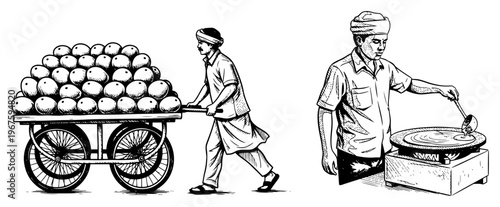 Indian Street Food Vendors Cooking and Selling Fruits Hand Drawn Sketches of Asian Daily Life and Markets