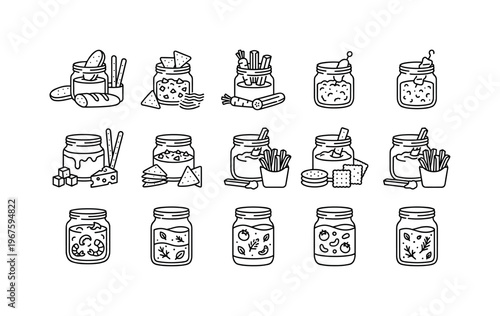Jar with dipping bread, jar with chips dip, jar with vegetable sticks dip, jar with meat dip, jar with cheese dip snack, jar with