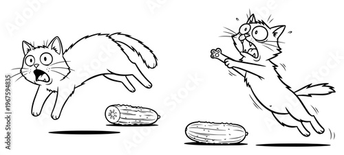 Scared Cats Jumping from Cucumbers Funny Internet Meme Concept Hand Drawn Sketch Illustration