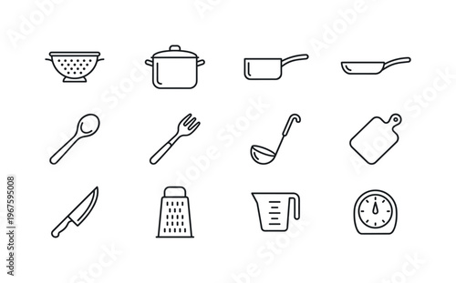 Colander, cooking pot, saucepan, frying pan, wooden spoon, pasta fork, ladle, cutting board, chef knife, cheese grater, measuring