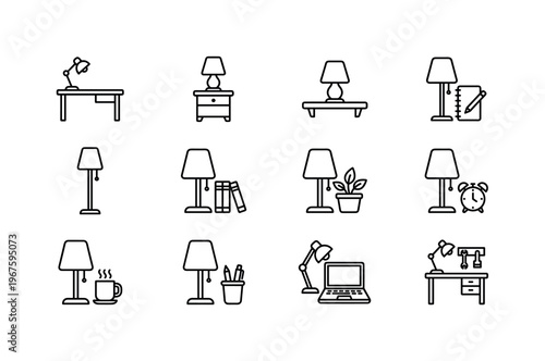 Lamp turned on, lamp turned off, lamp with light rays, lamp with dim light, lamp with bright light, lamp with switch, lamp with