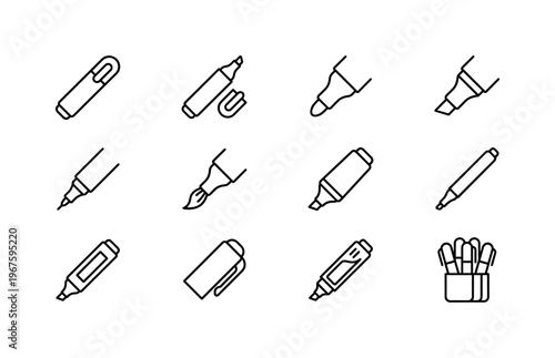 Marker with cap, marker open, marker tip round, marker tip chisel, marker tip fine, marker tip brush, marker thick body, marker