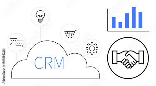 CRM concept. CRM cloud integration streamlining customer management. CRM approach enhancing business analytics and team collaboration. For marketing, sales strategy, analytics tools, startups