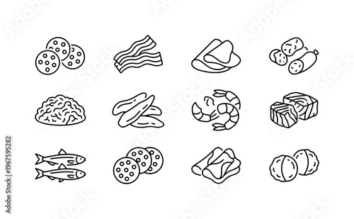 Pepperoni slices, bacon strips, ham slices, sausage pieces, ground meat pile, chicken strips, shrimp, tuna chunks, anchovy fish,