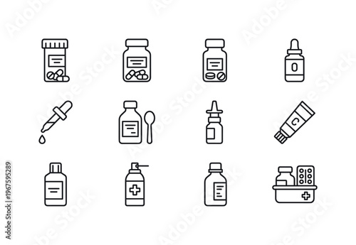 Pill bottle, capsule jar, tablet bottle, medicine dropper, cough syrup bottle, nasal spray, ointment tube, cream tube, antiseptic