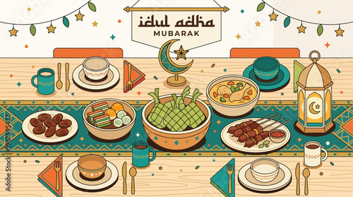 A cheerful flat design illustration showcasing a top-down view of a festive Idul Adha table laden with traditional items, inviting warmth and celebration.