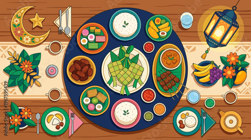 A cheerful flat design illustration showcasing a top-down view of a festive Idul Adha table laden with traditional items, inviting warmth and celebration.