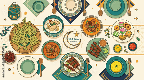 A cheerful flat design illustration showcasing a top-down view of a festive Idul Adha table laden with traditional items, inviting warmth and celebration.