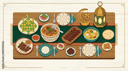 A cheerful flat design illustration showcasing a top-down view of a festive Idul Adha table laden with traditional items, inviting warmth and celebration.