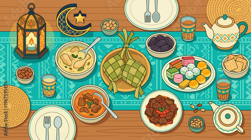 A cheerful flat design illustration showcasing a top-down view of a festive Idul Adha table laden with traditional items, inviting warmth and celebration.