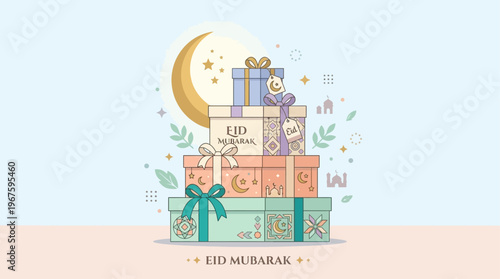 A charming flat design illustration featuring stylized gift boxes adorned with ribbons, set against a background of a crescent moon and star, symbolizing Idul Adha generosity.