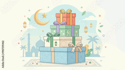 A charming flat design illustration featuring stylized gift boxes adorned with ribbons, set against a background of a crescent moon and star, symbolizing Idul Adha generosity.