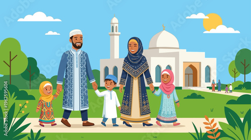 A heartwarming flat design illustration depicting a joyful Muslim family celebrating Idul Adha outside a mosque, emphasizing community and togetherness.